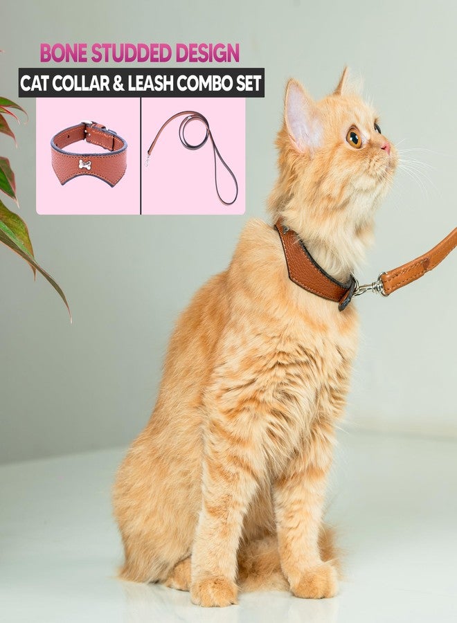 ADIL'S Adil’S Leather Cat Collar & Leash Set Combo - Stylish Single Bone Studded Design Collar, Genuine Leather, Adjustable Buckle & Secure 5ft Leash for Outdoor Activity (Cognac) - Image 3